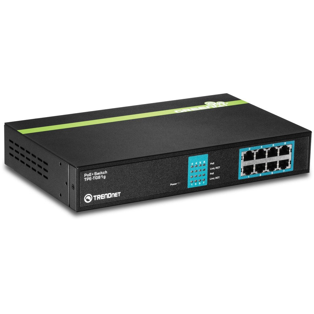 TRENDnet TPE-TG81g — Switch PoE+ 8 puertos Gigabit no gestionado rackeable 105W